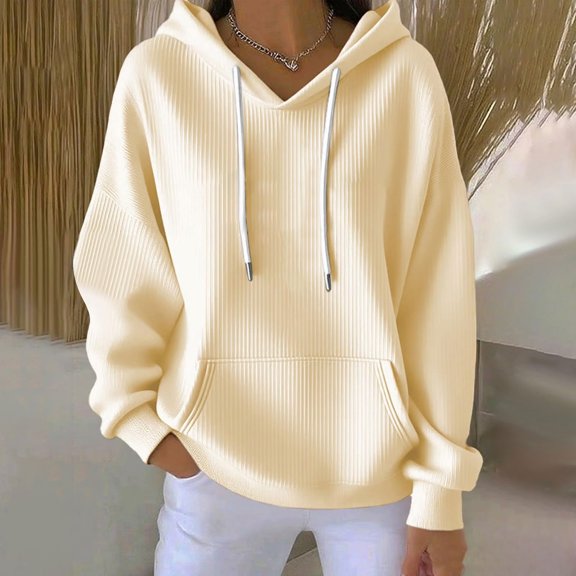 Hooded Sweatshirts for Women Trendy New Ladies' Fashionable Casual Solid Color Long Sleeved Pocket Hooded Groove Stripe Tops Hoodie Style B-67 Beige S