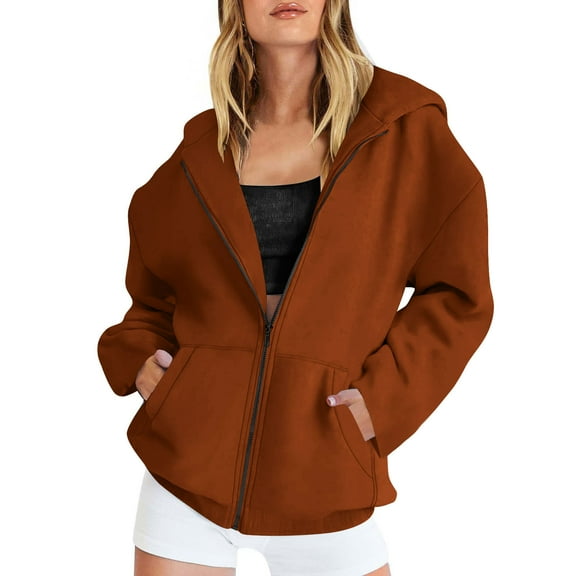 Hooded Sweatshirts Womens Oversized Hoodies Fleece Sweatshirts Long Sleeve Zipper-Neck Sweaters Pullover Fall Outfits with Pocket Solid Color Full Zip Up Jacket Trendy Travel Jacket