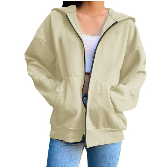 Hooded Sweatshirts Womens Oversized Hoodies Fleece Sweatshirts Long Sleeve Zipper-Neck Sweaters Pullover Fall Outfits with Pocket Solid Color Full Zip Up Jacket Trendy Travel Jacket