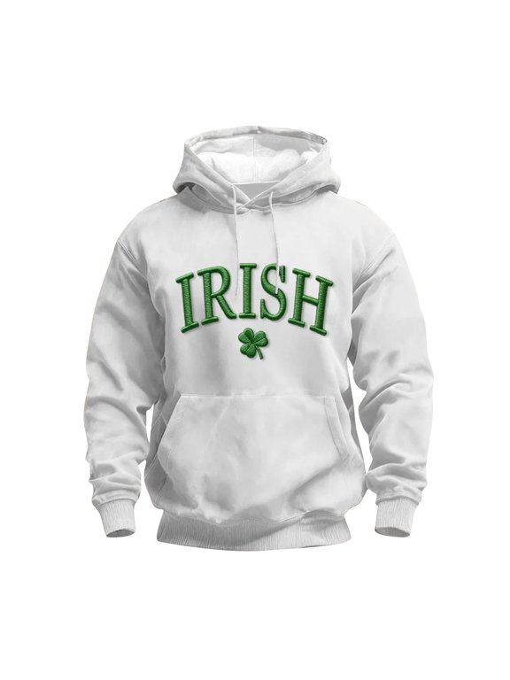 Hooded Sweatshirts for Men St Patricks Day Printed Long Sleeve Drawstring Big & Tall Loose Pullover Tops with Pocket (3XL, White)