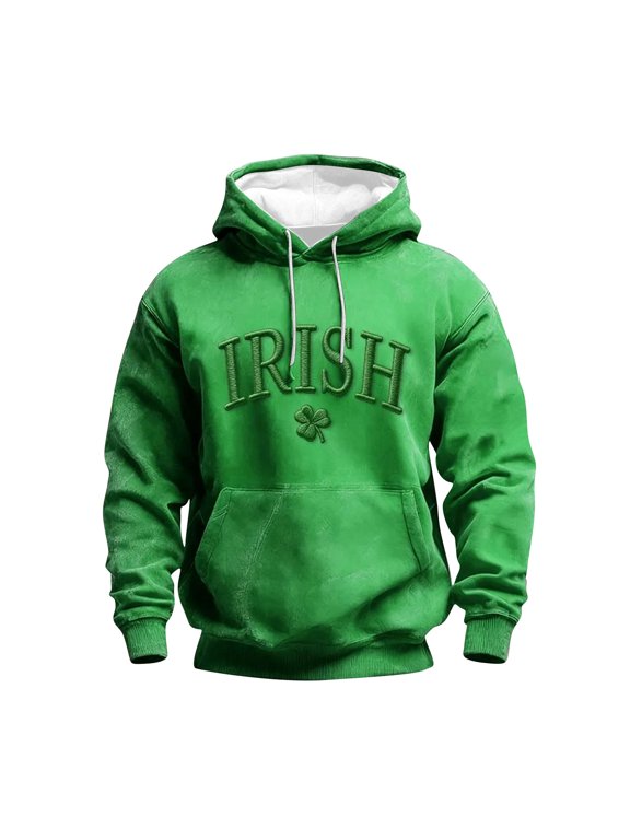Hooded Sweatshirts for Men St Patricks Day Printed Long Sleeve Drawstring Big & Tall Loose Pullover Tops with Pocket (L, Green)