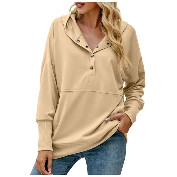 Hooded Sweatshirts for Women Button Collar Solid Color Casual Lightweight Pullover Loose Comfy Hoodies Tops with Pockets