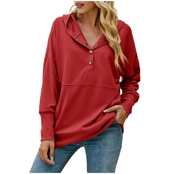 Hooded Sweatshirts for Women Button Collar Solid Color Casual Lightweight Pullover Loose Comfy Hoodies Tops with Pockets