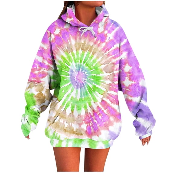 Hooded Sweatshirts for Women Tie Dye Long Sleeve Pocket Pullover Top Print Drawstring Fashion Casual Winter Sport Hoodies