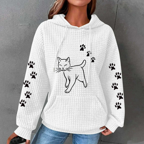 Hooded Sweatshirts for Women Waffle Hoodies Cute Cats Print Sweatshirt Fall Winter Long Sleeved Round Neck Pullover Tops Outwears with Pocket