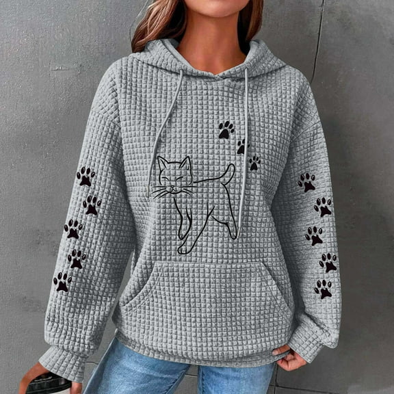Hooded Sweatshirts for Women Waffle Hoodies Cute Cats Print Sweatshirt Fall Winter Long Sleeved Round Neck Pullover Tops Outwears with Pocket