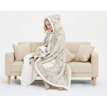 Hooded Throw Robe Wrap Ultra Soft Plush Coral Fleece & Sherpa Wearable Blanket with 2 Pockets Gift 51 x 71'' (Beige)