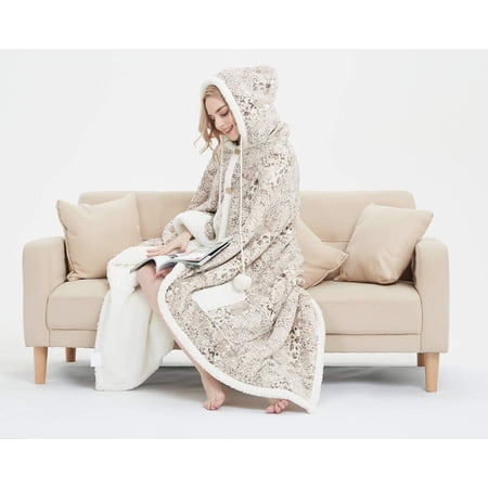 Hooded Throw Robe Wrap Ultra Soft Plush Coral Fleece & Sherpa Wearable Blanket with 2 Pockets Gift 51 x 71'' (Beige)