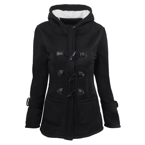 Hooded Toggle Jacket for Women, Solid Color Duffle Style Front Closure, Cozy & Stylish Layer for Fall Walks & Everyday Wear.BlackXL