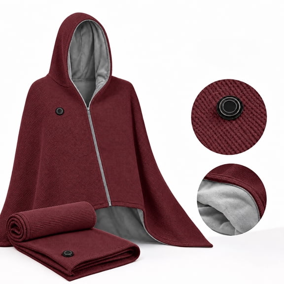 Hooded USB Heated Shawl Wrap, Wearable Heating Blanket Poncho with Hood, 3 Heat Settings Zip Front Warm Cape for Women Winter Home Office