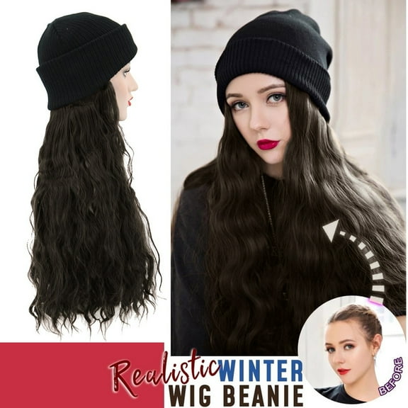 Hooded Wig Long Curly Winter Cap Beanie Hat With Hair Pullover Wig For Women 28in Black Casual Creative Hair