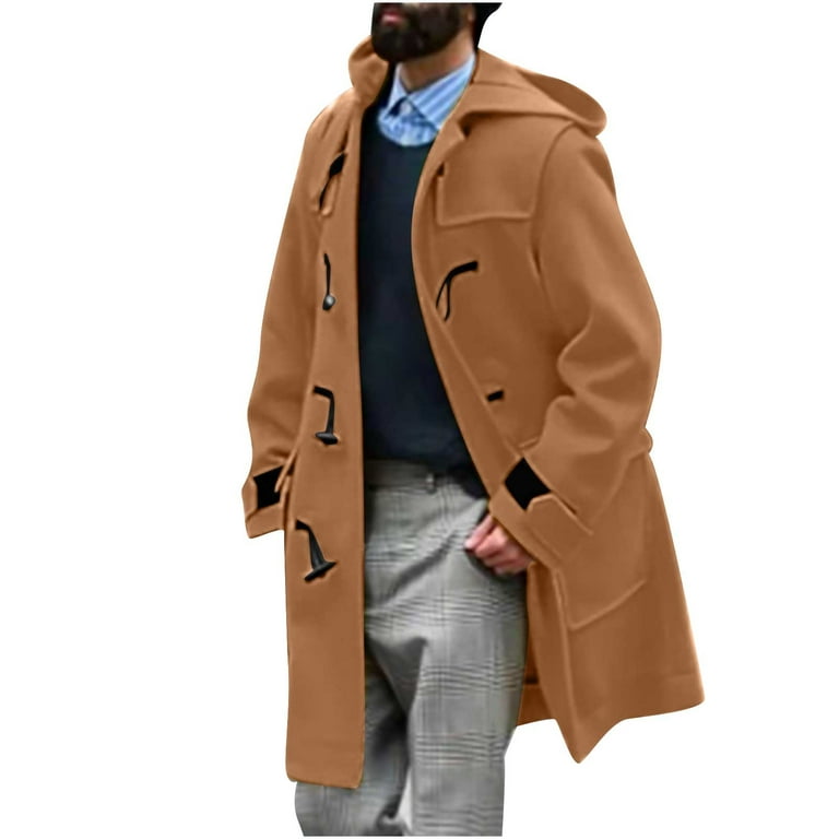 Hooded Wool Blend Coat for Men Casual Jacket Overcoat Solid Hoodie Long Top  Coat Stylish Horn Buckle Warm Pea Coat