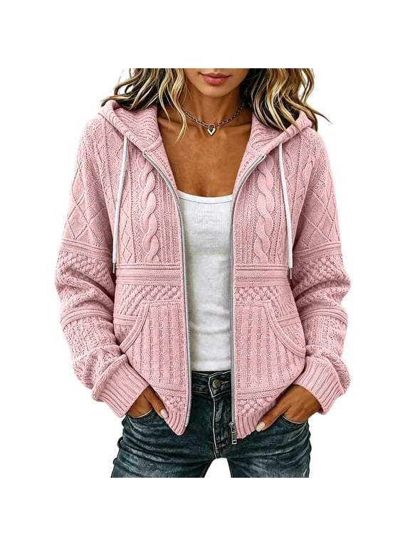 Hooded Zip Up Cardigan for Women Cable Knit Sweater Long Sleeve Soft Warm Cozy Fall Winter Casual Comfortable Coat Pink L