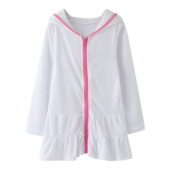 Hooded Zip-Up Swim Cover Up for Girls – Long Sleeve Absorbent Beach Dress with Ruffle Trim, Cute Kimono-Style Bathing Suit Coverup for Toddlers & Kids