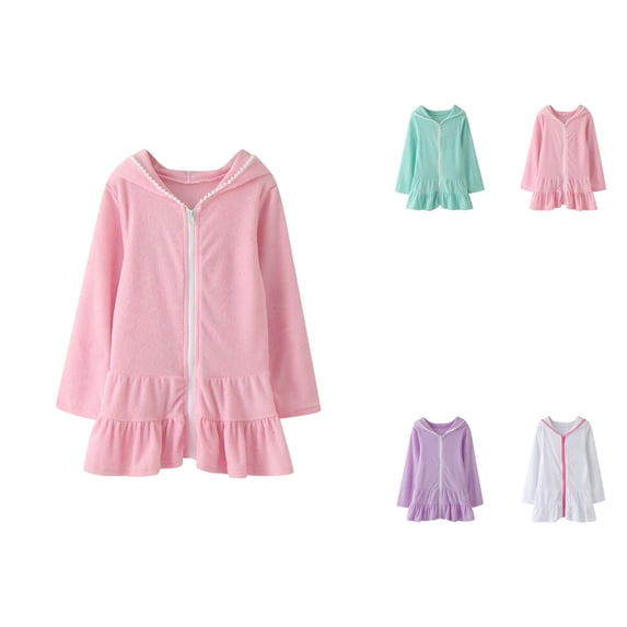 Hooded Zip-Up Swim Cover Up for Girls Long Sleeve Absorbent Beach Dress with Ruffle Trim, Cute Kimono-Style Bathing Suit Coverup for Toddlers & Kids