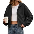 thumbnail image 1 of Hooded Zip Women Cropped Jackets Long Sleeve Sweatshirt with Pocket,Drop Shoulder Casual Fall Winter Daily Home Outdoor Wear,Black,S, 1 of 9