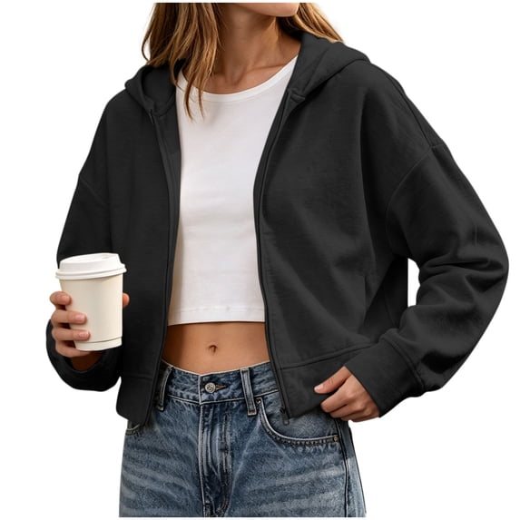 Hooded Zip Women Cropped Jackets Long Sleeve Sweatshirt with Pocket,Drop Shoulder Casual Fall Winter Daily Home Outdoor Wear,Black,S