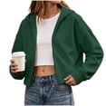 thumbnail image 1 of Hooded Zip Women Cropped Jackets Long Sleeve Sweatshirt with Pocket,Drop Shoulder Casual Fall Winter Daily Home Outdoor Wear,Green,M, 1 of 9