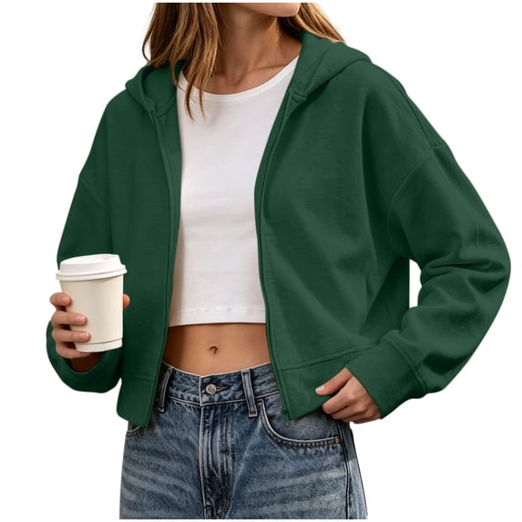 Hooded Zip Women Cropped Jackets Long Sleeve Sweatshirt with Pocket,Drop Shoulder Casual Fall Winter Daily Home Outdoor Wear,Green,M