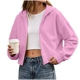 thumbnail image 1 of Hooded Zip Women Cropped Jackets Long Sleeve Sweatshirt with Pocket,Drop Shoulder Casual Fall Winter Daily Home Outdoor Wear,Pink,S, 1 of 9