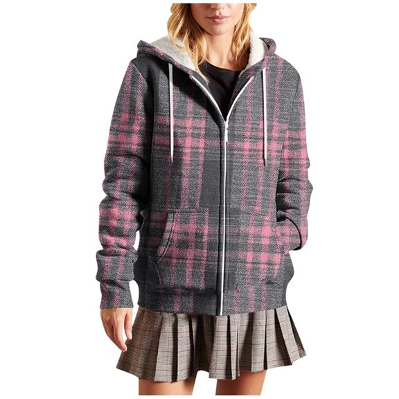 Hooded Zip up Jackets for Women Plaid Flannel Shirt Jackets Fall Winter Warm Fleece Lined Drawstring Sweatshirt with Pockets
