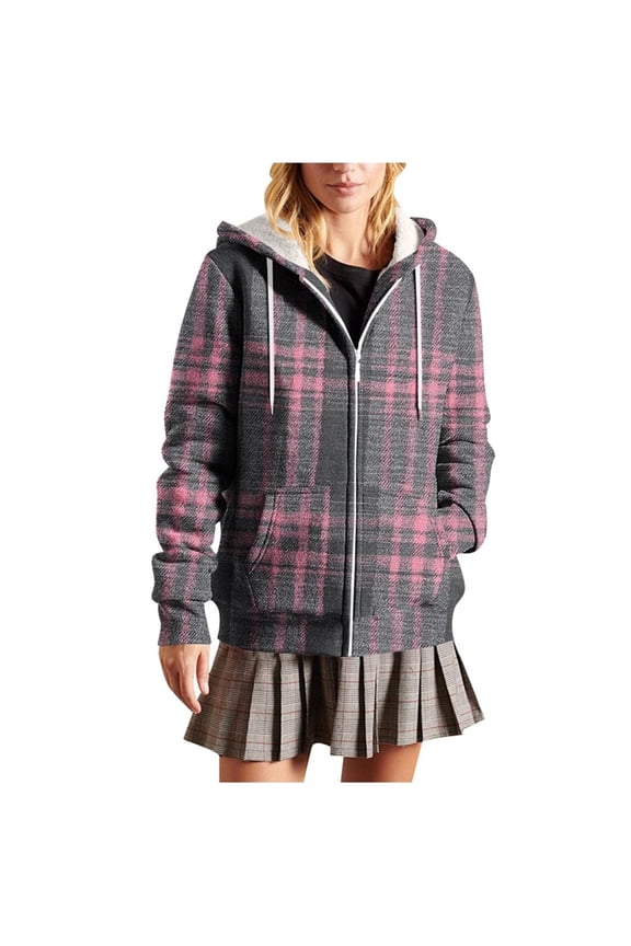 Hooded Zip up Jackets for Women Plaid Flannel Shirt Jackets Fall Winter Warm Fleece Lined Drawstring Sweatshirt with Pockets