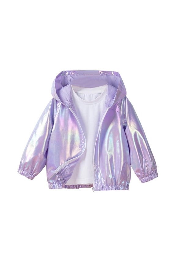 Hooded Zipper Thin Coat for Girls, Colorful Holographic Cool Jacket for 9 Months-8 Years