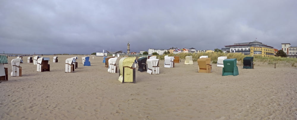 Hooded beach chairs on the beach Warnemunde Beach Warnemunde Rostock Germany Canvas Art - Panoramic Images (36 x 12)