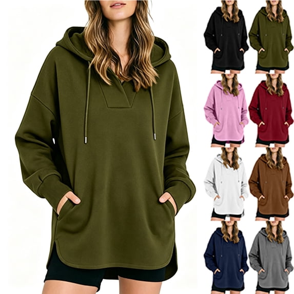 Hooded for Women Dqueduo Women's Casual Long Sleeve Hoodie Sweatshirt – Solid Color High-Low Hem Army Green S