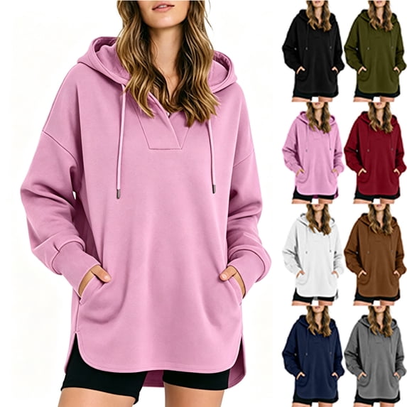 Hooded for Women Dqueduo Women's Casual Long Sleeve Hoodie Sweatshirt – Solid Color High-Low Hem Pink L
