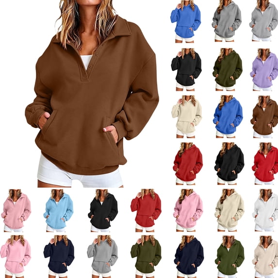 Hooded for Women Dqueduo Women's Casual Loose Solid Color Turn-Down Collar Side Pocket Pullover – Relaxed Everyday Top Coffee S