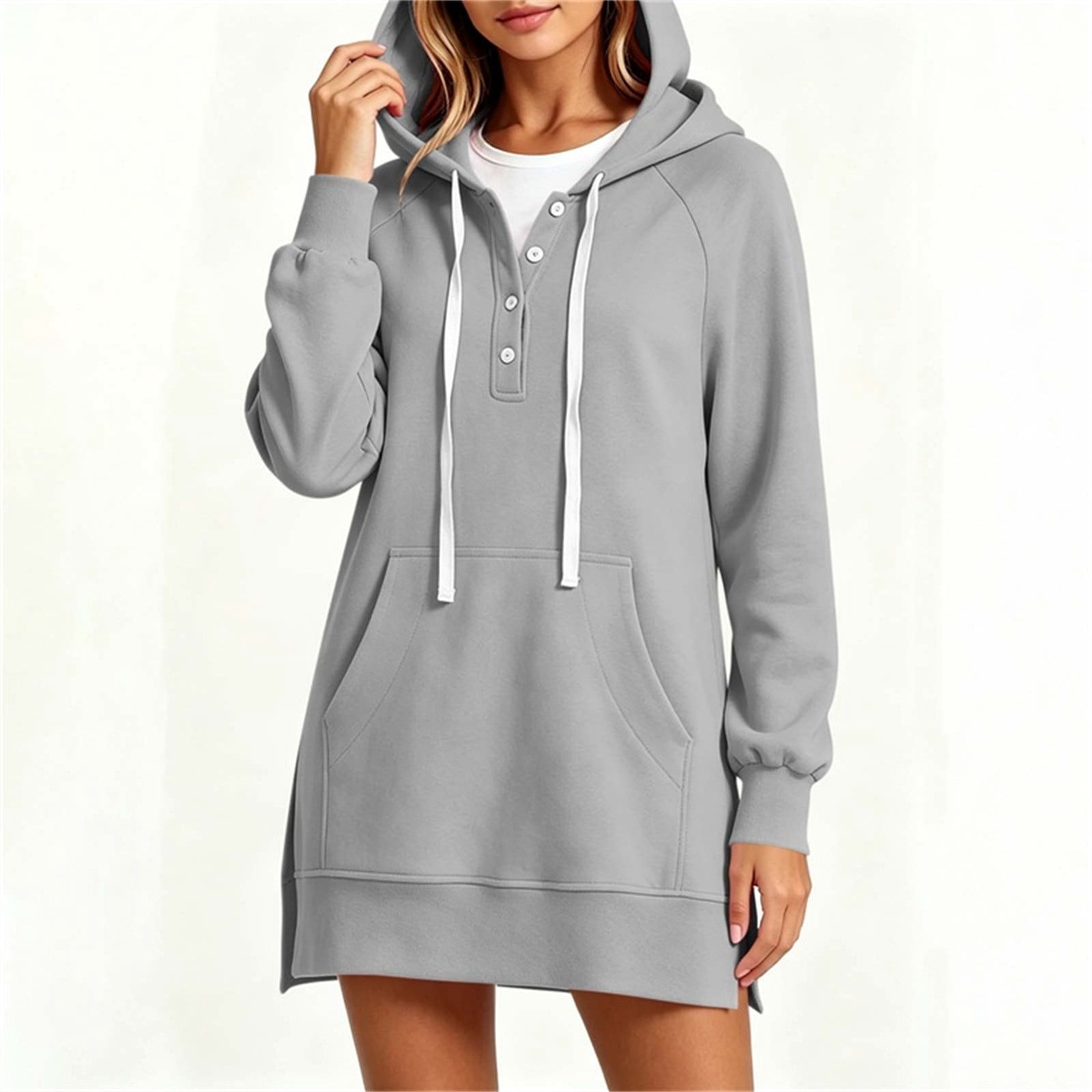 Hooded for Women Henleys Button Drawstring Pocket Long Sleeve Pullover ...