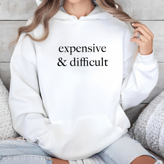 Hooded long-sleeved Women's "expensive" graphic text printed Tee T-shirt top cotton comfortable White,S-2XL