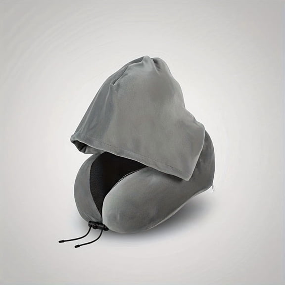 Hooded memory foam travel neck pillow blocks light, 360° surrounding neck support with slow rebound sponge, hidden zipper for easy cleaning, great for travel naps and office rest.