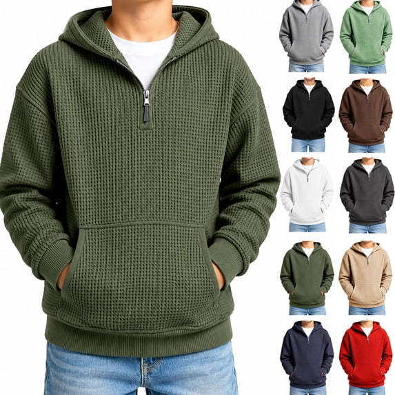 Hoodie For Boys Waffle Knit Quarter Zip Long Sleeve Hooded Sweatshirt With Pocket Kids Boy Fall Pullovers Teens Preppy Clothes Army Green Size 5-6 Years