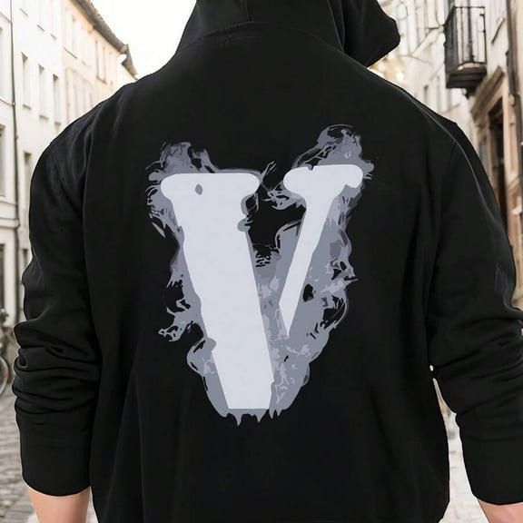 A Hoodie That Can Transform Your Fashion Taste 1pc Alphabet V Letter Applique Cotton Hoodie - Casual Knit Fabric Sweathoodie With Slight Stretch, Regular Fit, Crew Neck, Hip Hop Style Cotton-Polyeste