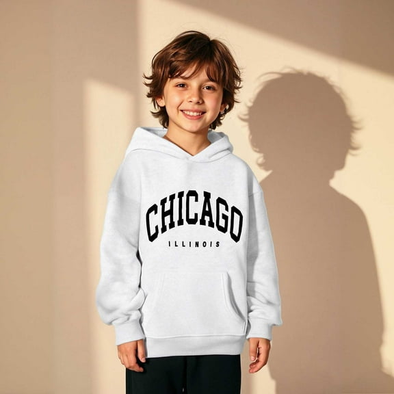 Hoodies Boys City Name Letter Print White Hoodie Lightweight Long Sleeve Hoodies Warm Fall Winter Clothes Girls Toddler Clothes 8-10 Years