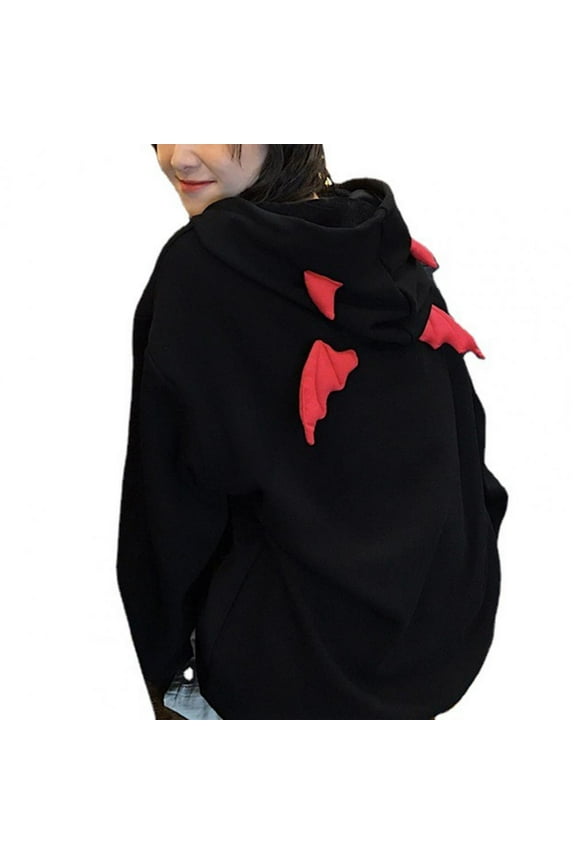 Hoodie Coat Men Warm Coat Women's Gothic Hooded Sweatshirt with Little Devil Horns Demon Fly Wings Loose Fit Pullover for Girls (Black,L)