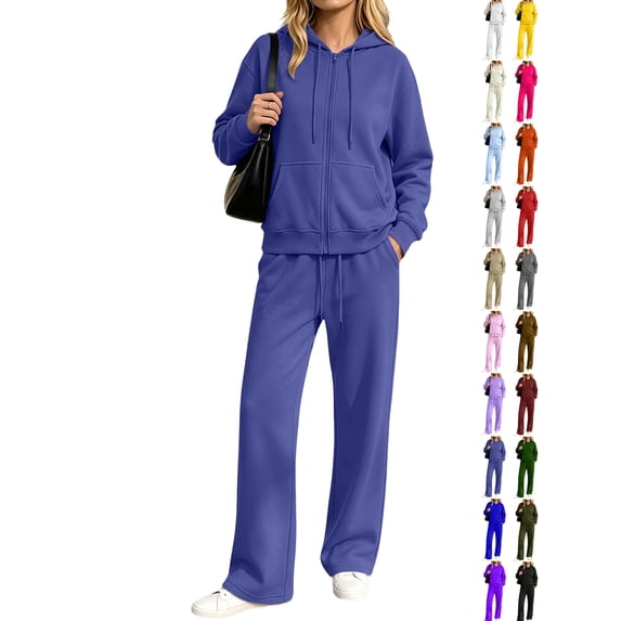 Hoodie Dqueduo Women's Fashion Solid Color Long Sleeve Hooded Zip Up Top And Elastic Waist Pocket Pants Set, Sizes S-XXXL