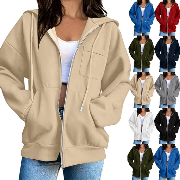 Hoodie Dqueduo Women's Solid Color Full-Zip Hooded Long-Sleeve Sweatshirt Cardigan with Pockets Beige L