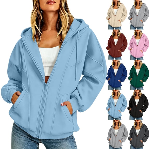 Hoodie Dqueduo Women's Solid Color Thickened Fleece Zip-Up Hooded Long Sweater Jacket – Casual Winter Coat Blue XL