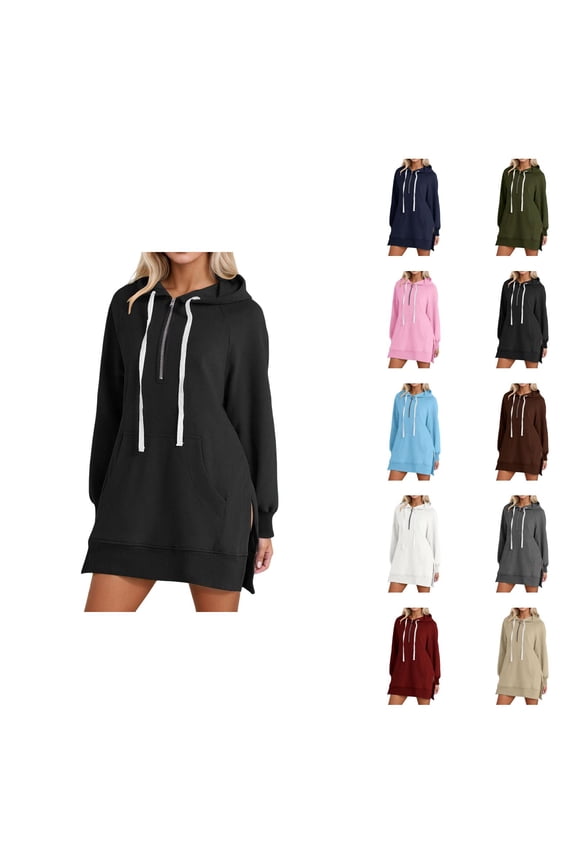 Hoodie Dress 2025 Long Sleeve Mid Length Side Slit Hooded Sweatshirt with Pockets Pullover Loose Hoodies for Women
