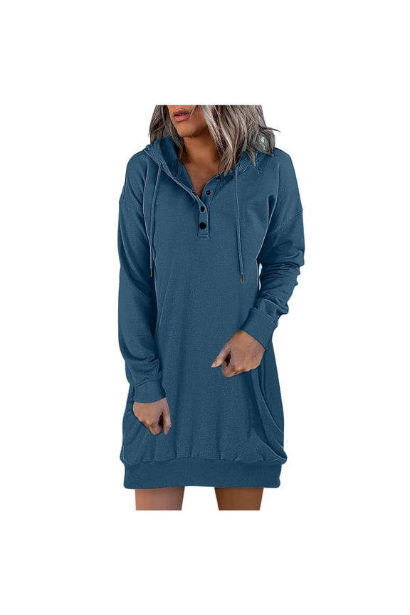 Hoodie Dress for Women 2023 Trendy Casual Hooded Buttons Solid Long Sleeve Jumper Sweatshirts Pocket Mini Dress
