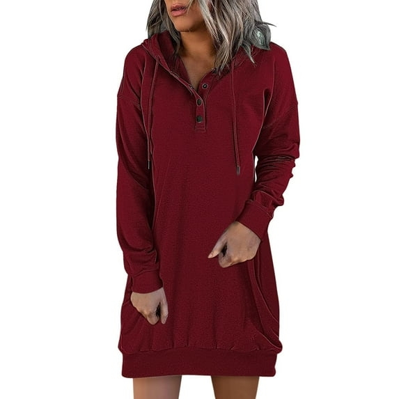 Hoodie Dress for Women 2023 Trendy Casual Hooded Buttons Solid Long Sleeve Jumper Sweatshirts Pocket Mini Dress
