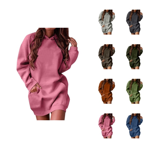 Hoodie Dress for Women 2025 Fall Winter Long Sleeve Casual Plain Hooded Sweatshirt with Pockets Pullover Tops