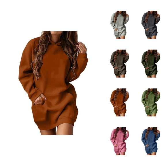 Hoodie Dress for Women 2025 Fall Winter Long Sleeve Casual Plain Hooded Sweatshirt with Pockets Pullover Tops