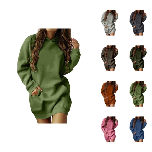 Hoodie Dress for Women 2025 Fall Winter Long Sleeve Casual Plain Hooded Sweatshirt with Pockets Pullover Tops