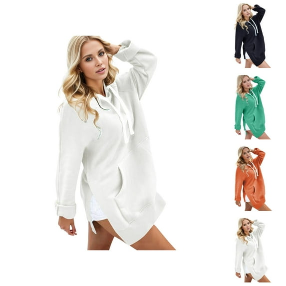 Hoodie Dress for Women 2025 Fall Winter Long Sleeve Side Slit Plain Hooded Sweatshirt with Pockets Pullover Tops