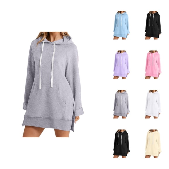 Hoodie Dress for Women 2026 Fall Winter Casual Long Sleeve Side Slit Hem Hooded Sweatshirt Dress with Pockets Pullover Top