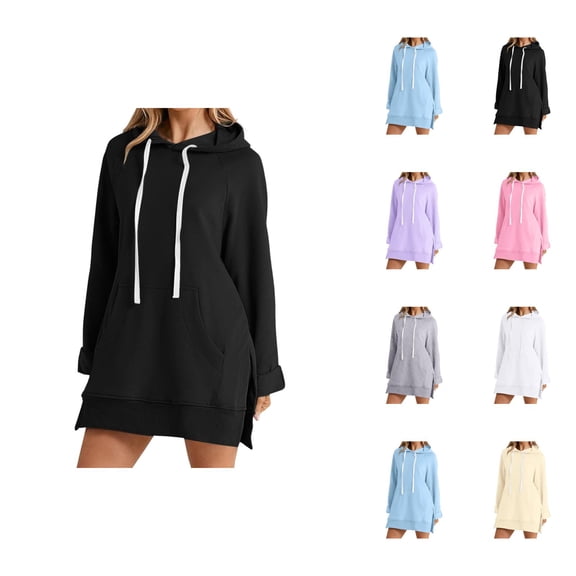 Hoodie Dress for Women 2026 Fall Winter Casual Long Sleeve Side Slit Hem Hooded Sweatshirt Dress with Pockets Pullover Top